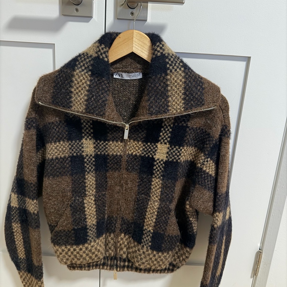 Zara Checkered knit Wool bomber Jacket
